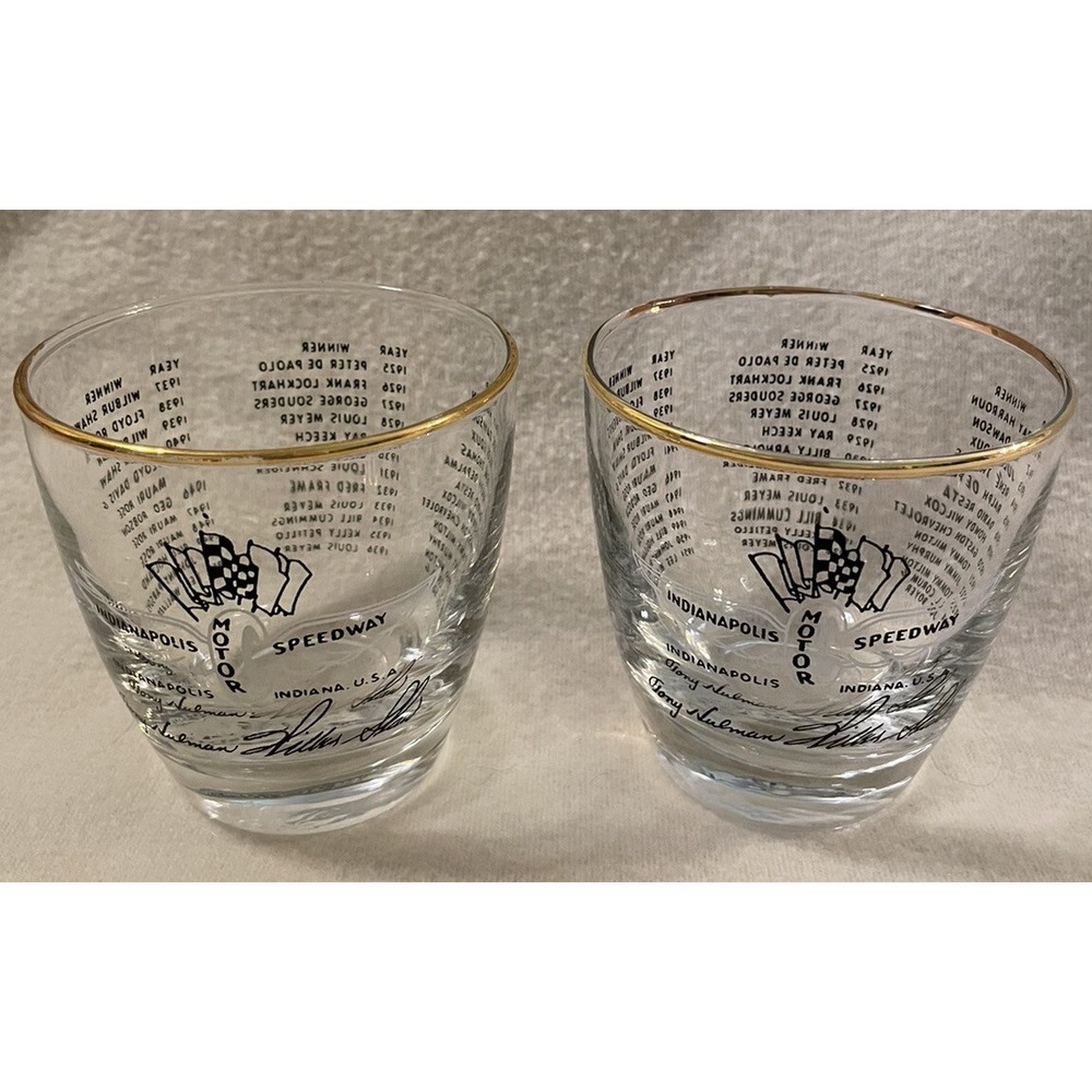 2 RARE VINTAGE 1951 INDIANAPOLIS 500 RACE WINNER COCKTAIL GLASSES Gold Trim